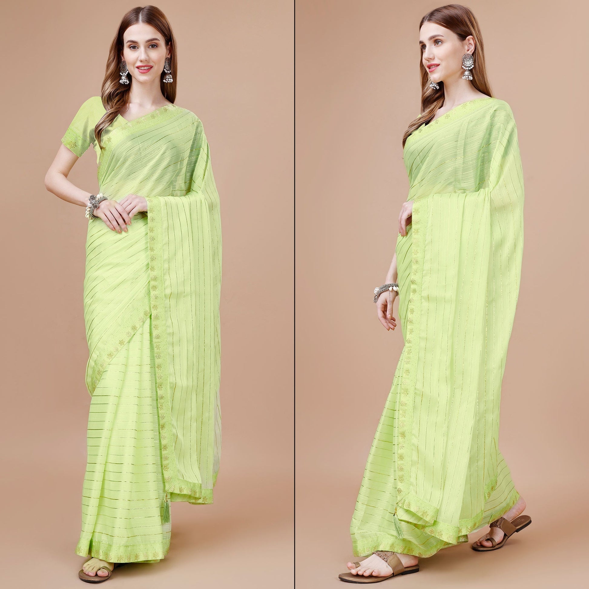 Lemon Green Zari Work Chiffon Saree