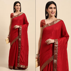 Maroon Solid Vichitra Silk Saree With Fancy Zari Border