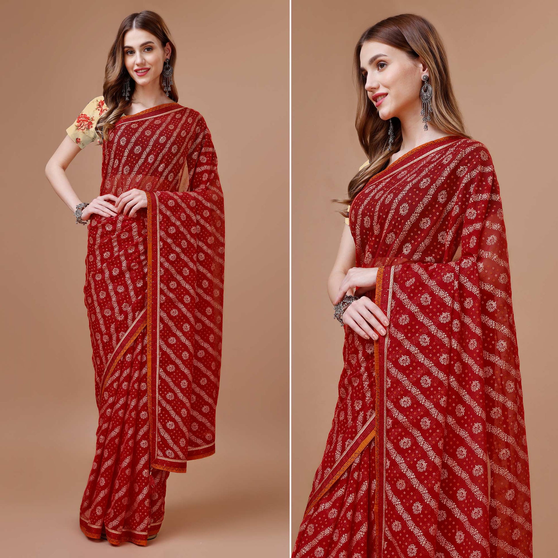 Maroon Floral Foil Printed Chiffon Saree With Lace Border