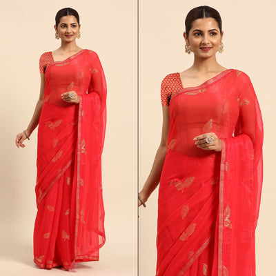 Gajri Pink Sequins Embroidered Chiffon Saree With Tassels