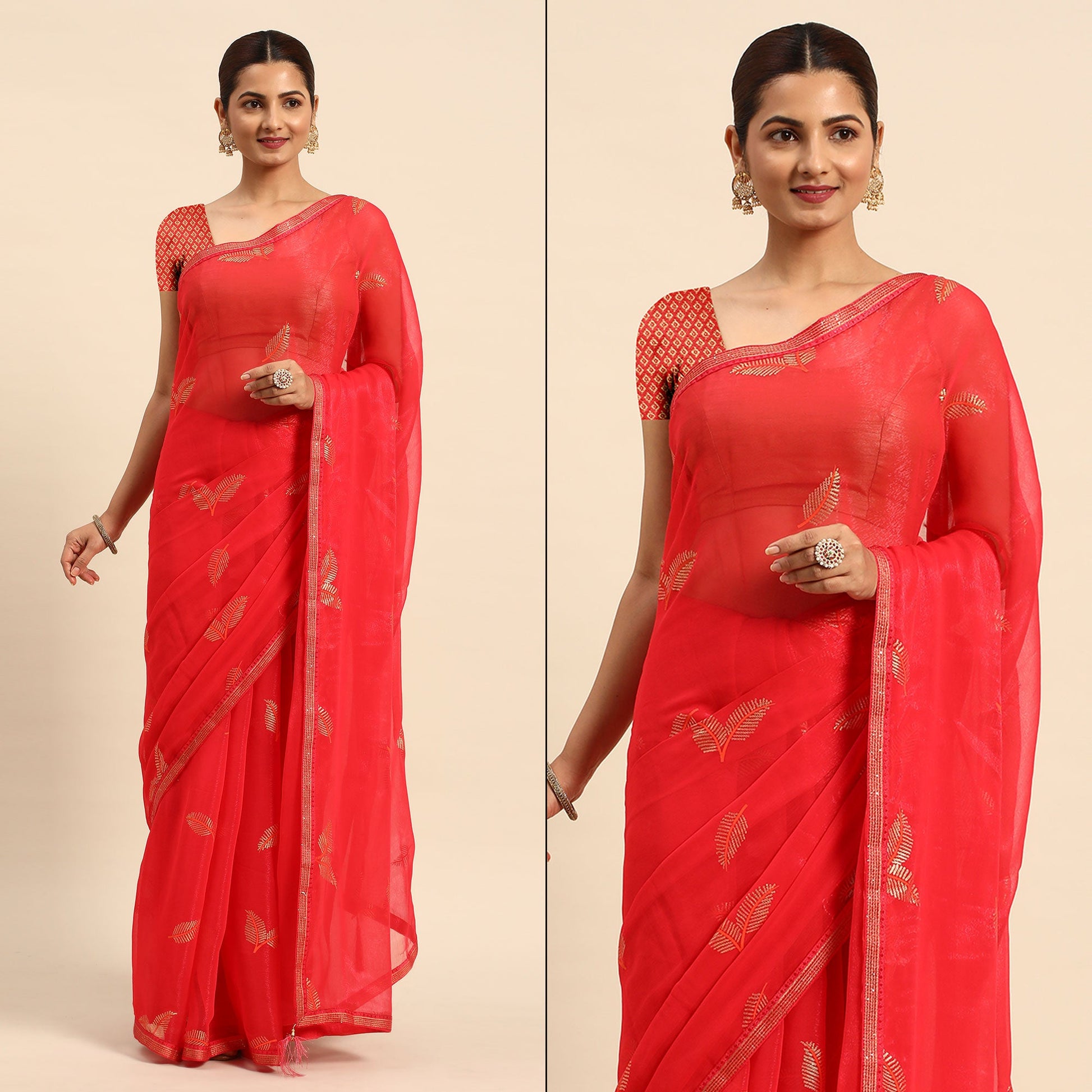 Gajri Pink Sequins Embroidered Chiffon Saree With Tassels