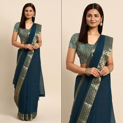 Blue Swarovski Work Chiffon Saree With Zari Border
