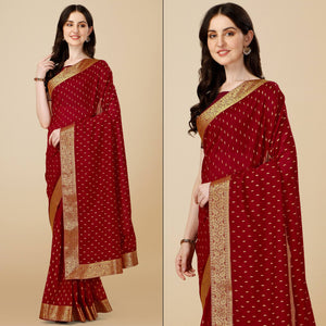 Maroon Foil Printed Vichitra Silk Saree With Jacquard Border