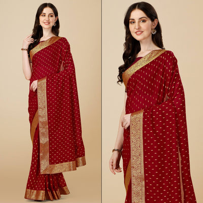 Maroon Foil Printed Vichitra Silk Saree With Jacquard Border