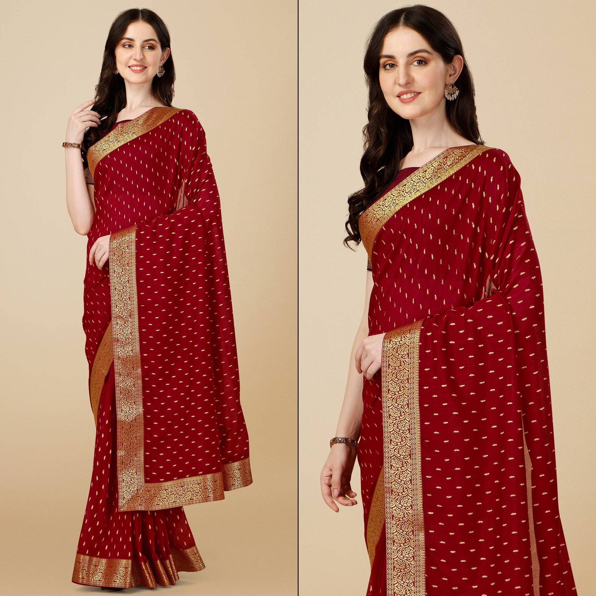 Maroon Foil Printed Vichitra Silk Saree With Jacquard Border