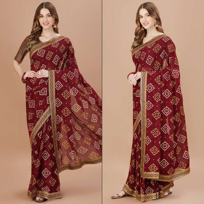Brown Bandhani Printed Chiffon Saree