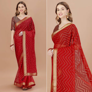 Maroon Foil Printed Chiffon Saree With Lace Border