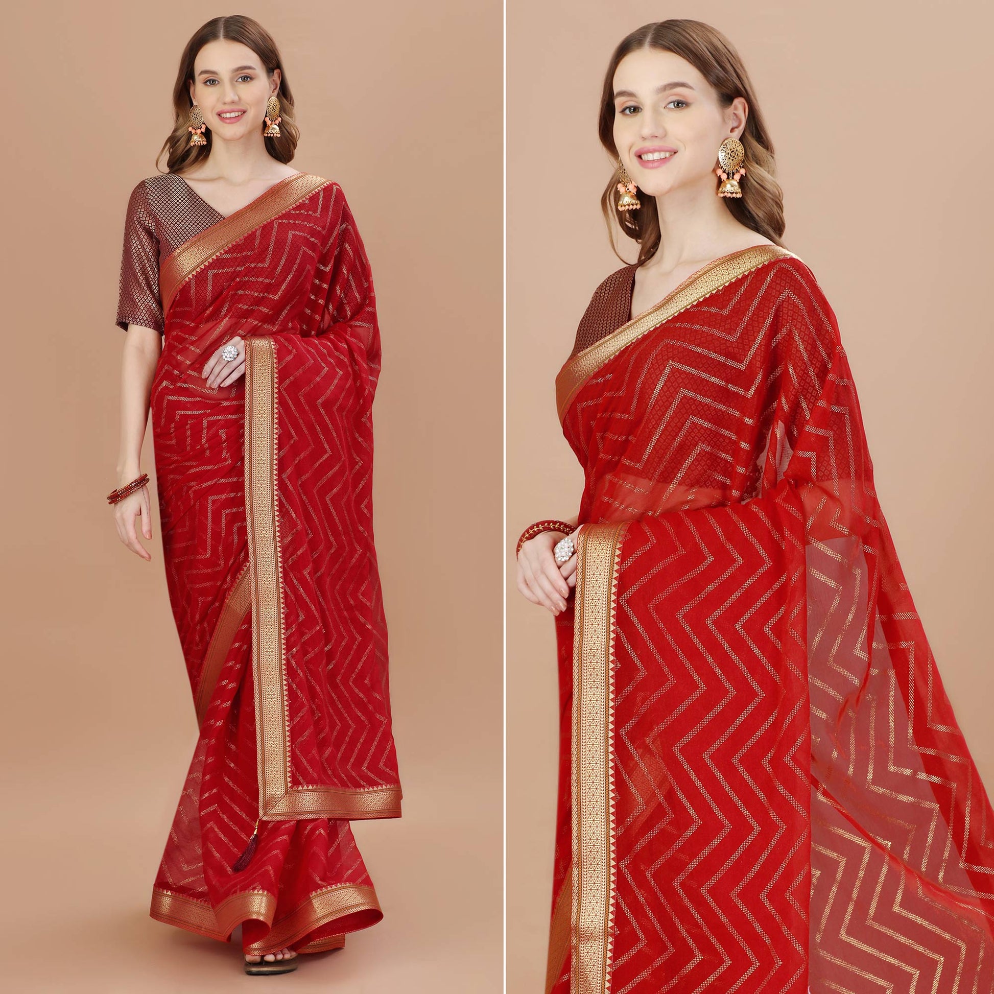 Maroon Foil Printed Chiffon Saree With Lace Border