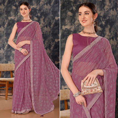 Mauve Printed Chiffon Saree With Lace Border