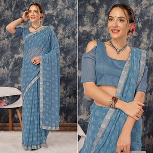 Greyish Blue Printed Chiffon Saree With Lace Border