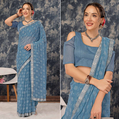 Greyish Blue Printed Chiffon Saree With Lace Border
