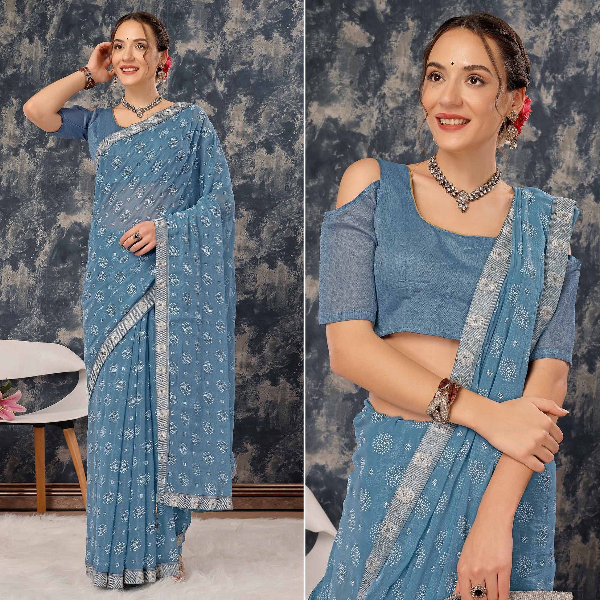 Greyish Blue Printed Chiffon Saree With Lace Border