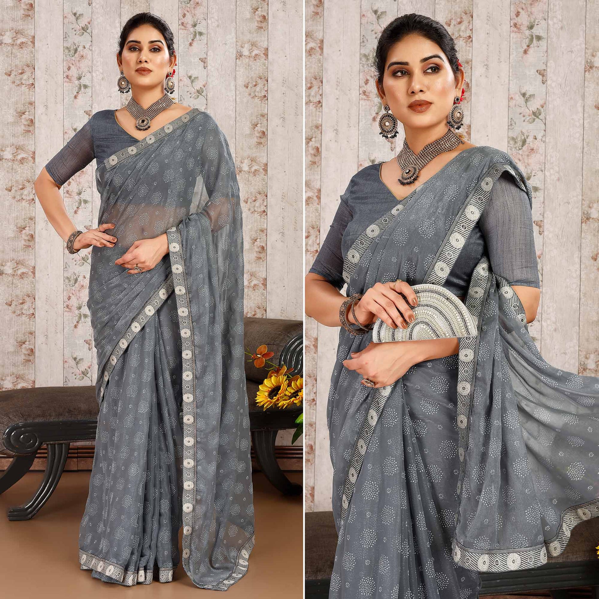 Grey Printed Chiffon Saree With Lace Border
