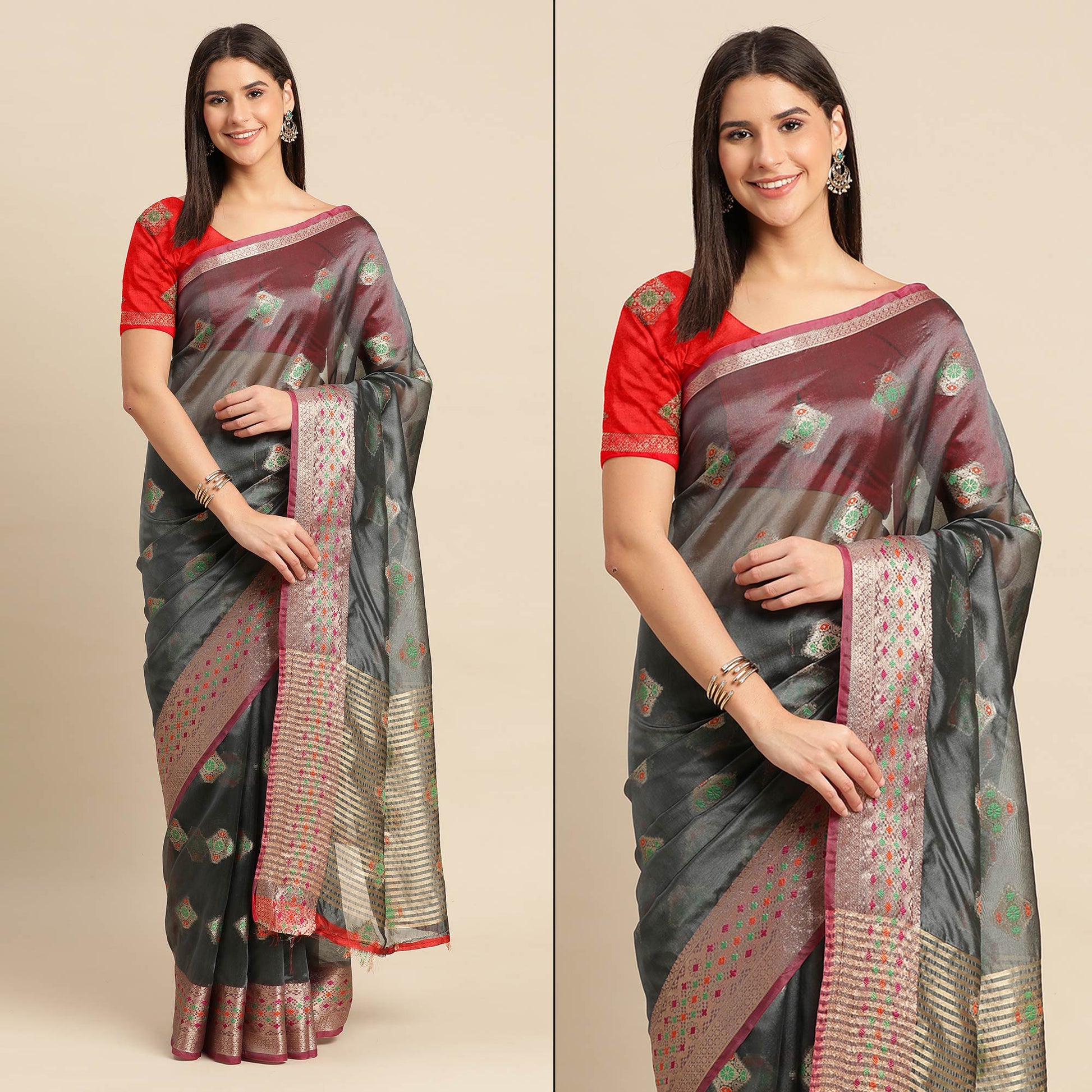 Grey Woven Organza Saree
