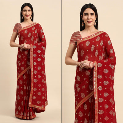Maroon Floral Foil Printed Chiffon Saree With Tassels