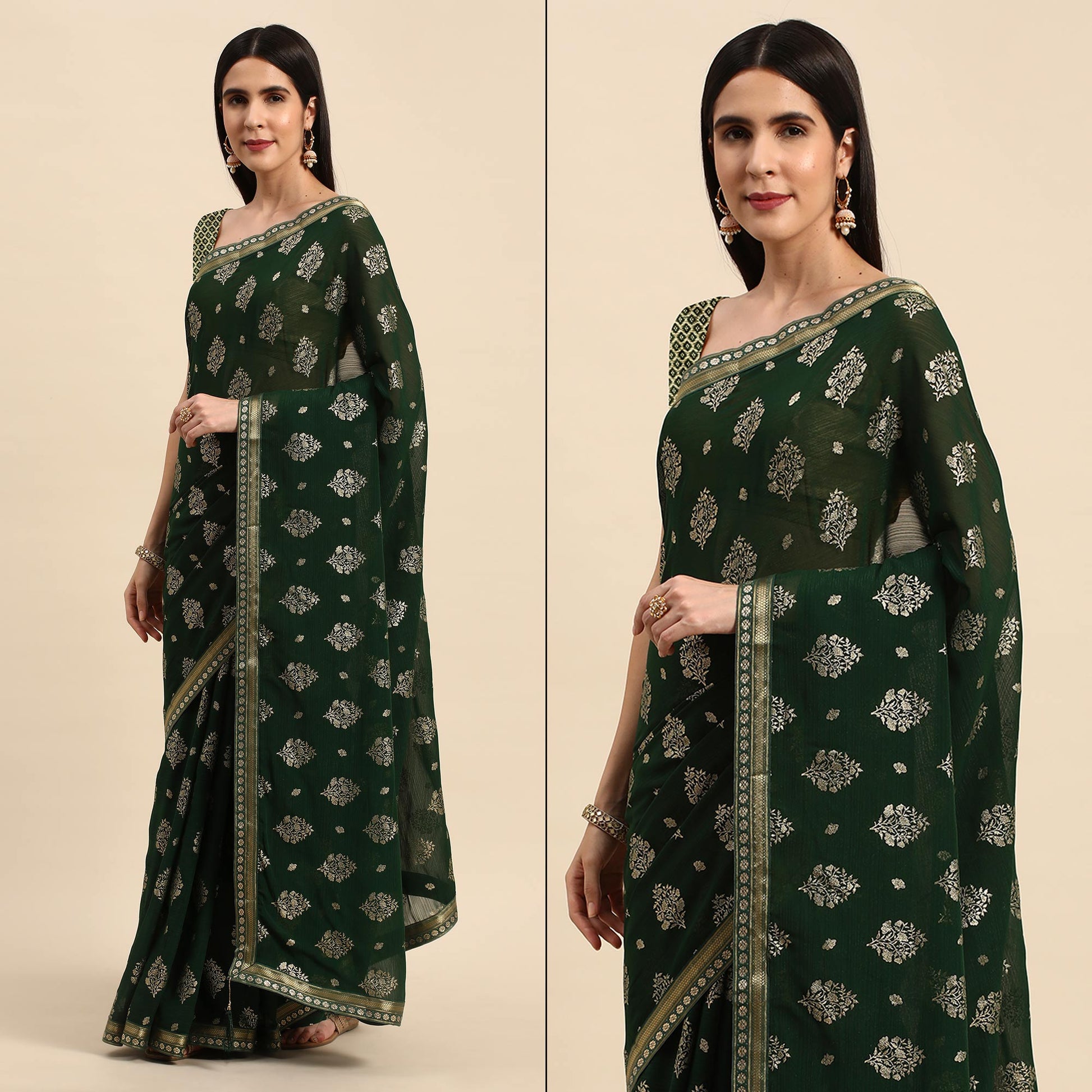 green-floral-foil-printed-chiffon-saree-with-tassels