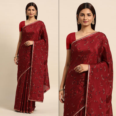 Brown Foil Printed Chiffon Saree