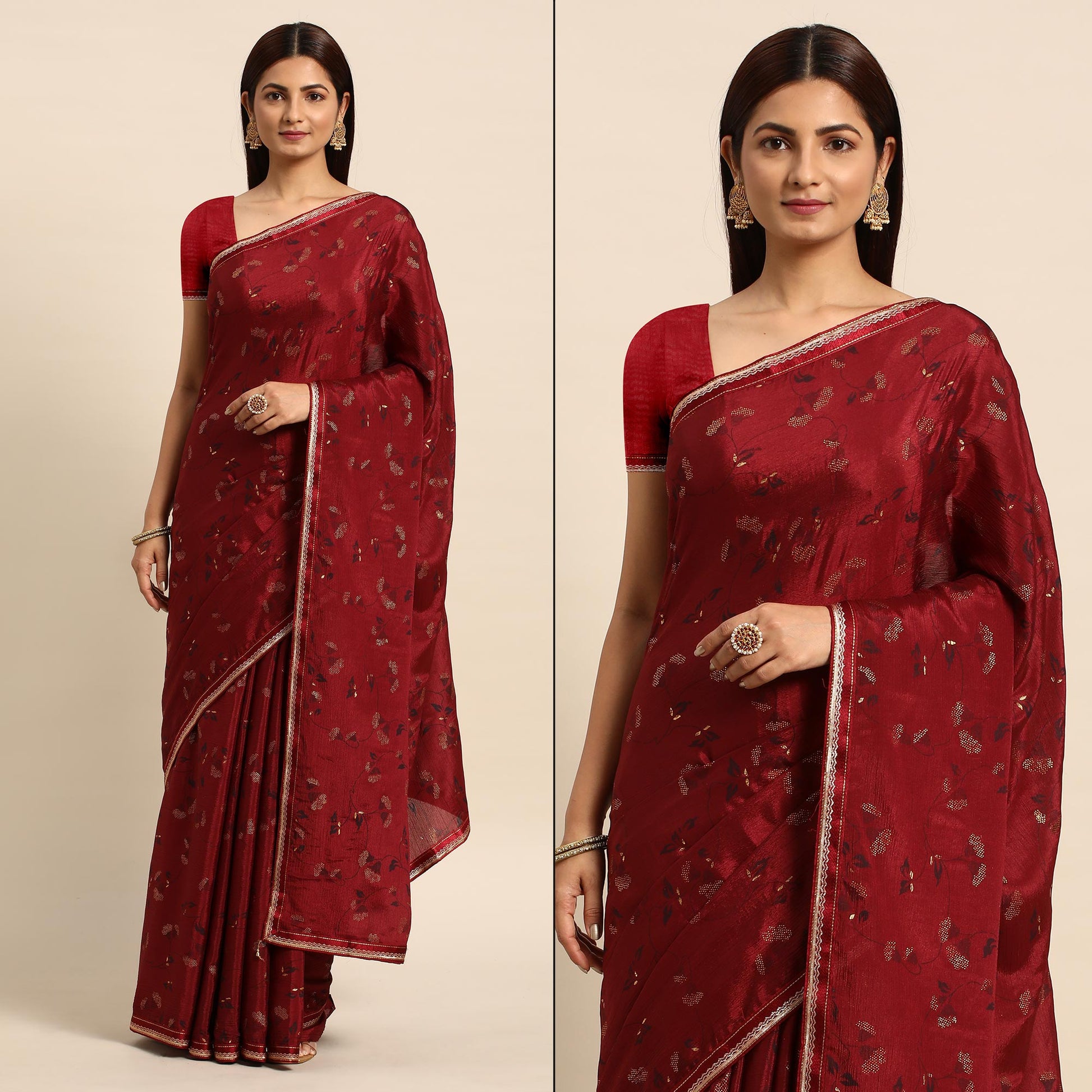 Brown Foil Printed Chiffon Saree