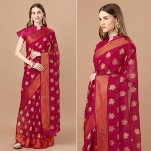 Dark Magenta Zari Work Chiffon Saree With Tassels