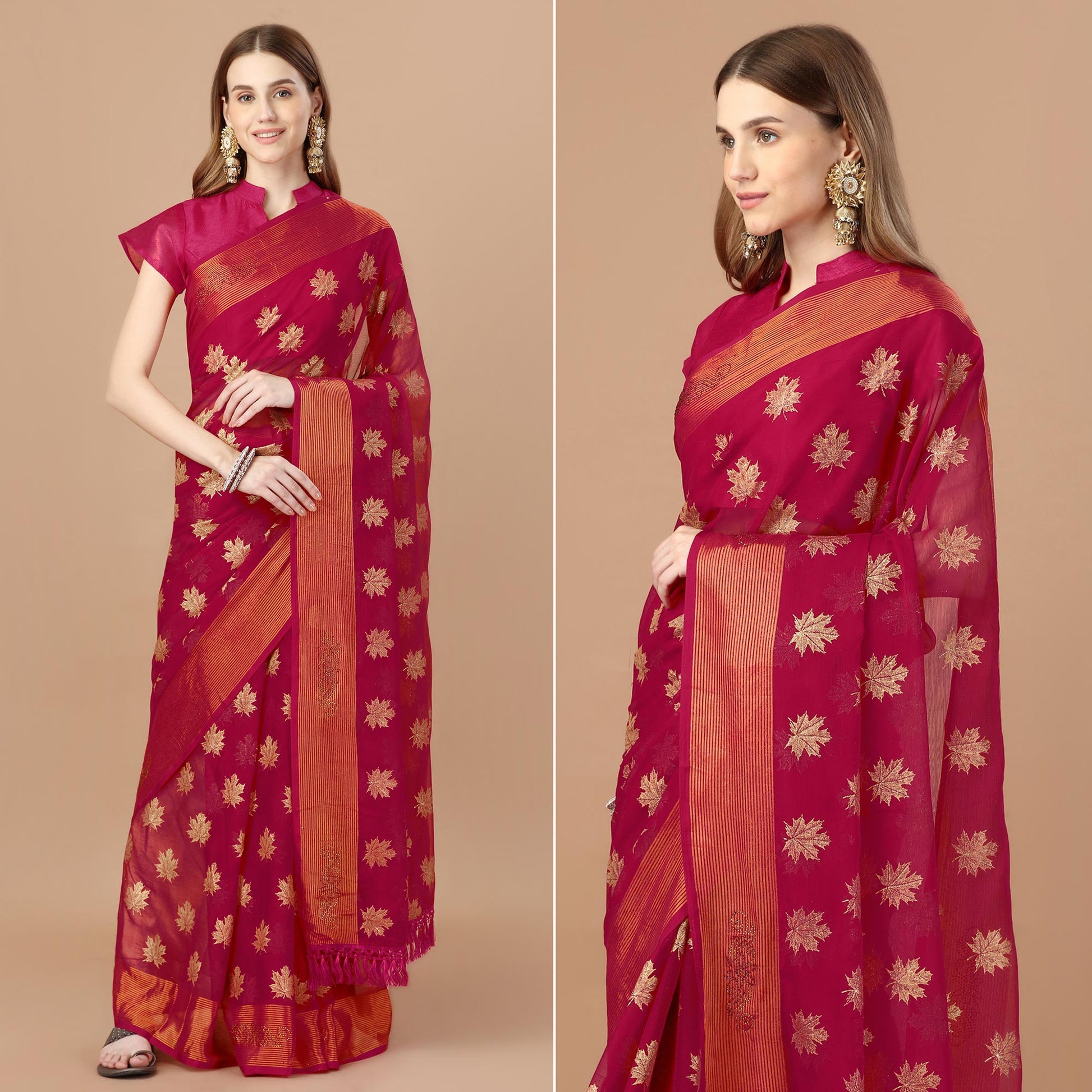 Dark Magenta Zari Work Chiffon Saree With Tassels