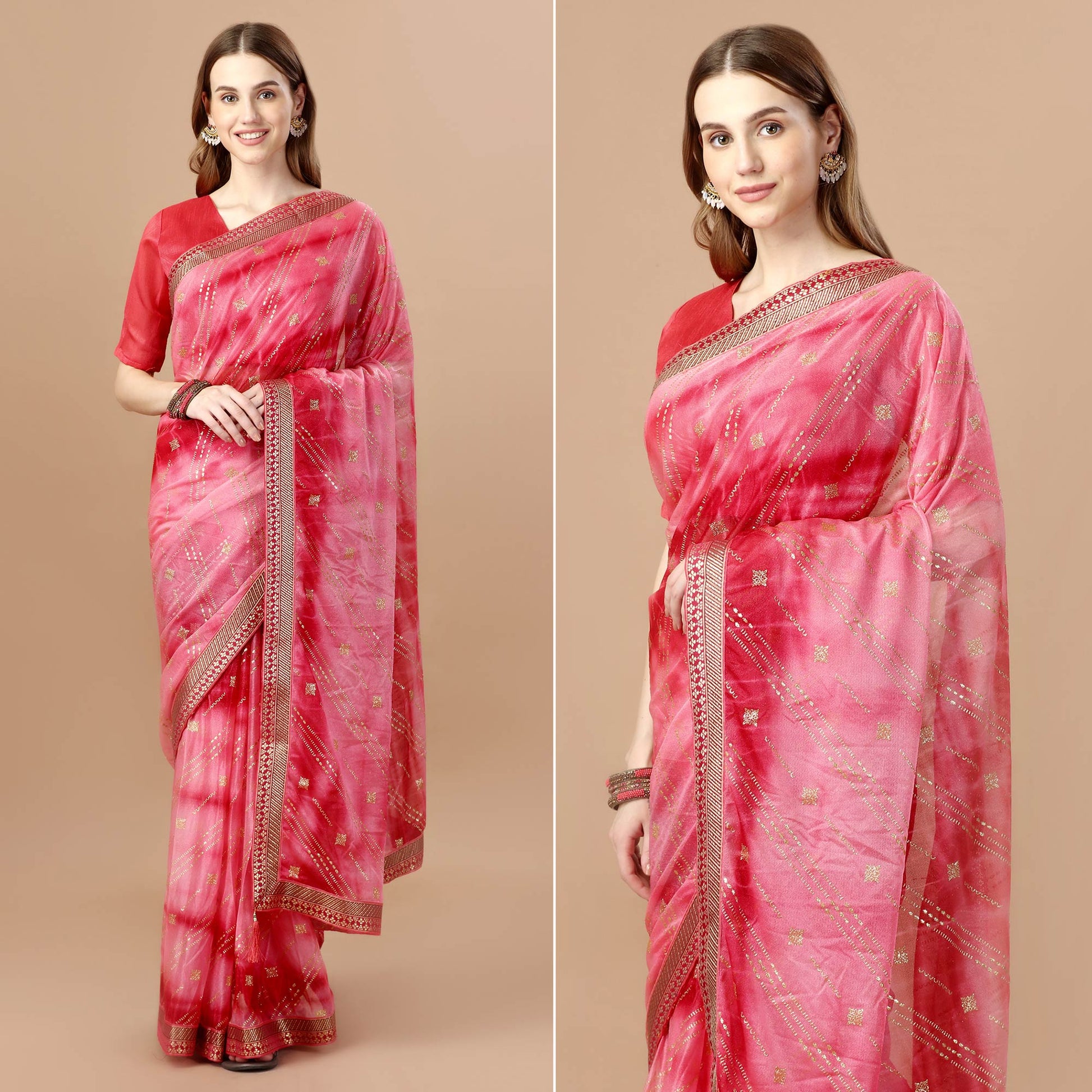 Gajari Pink Zari Work Chiffon Saree Lace Border