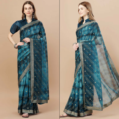 Blue Zari Work Chiffon Saree Lace Border