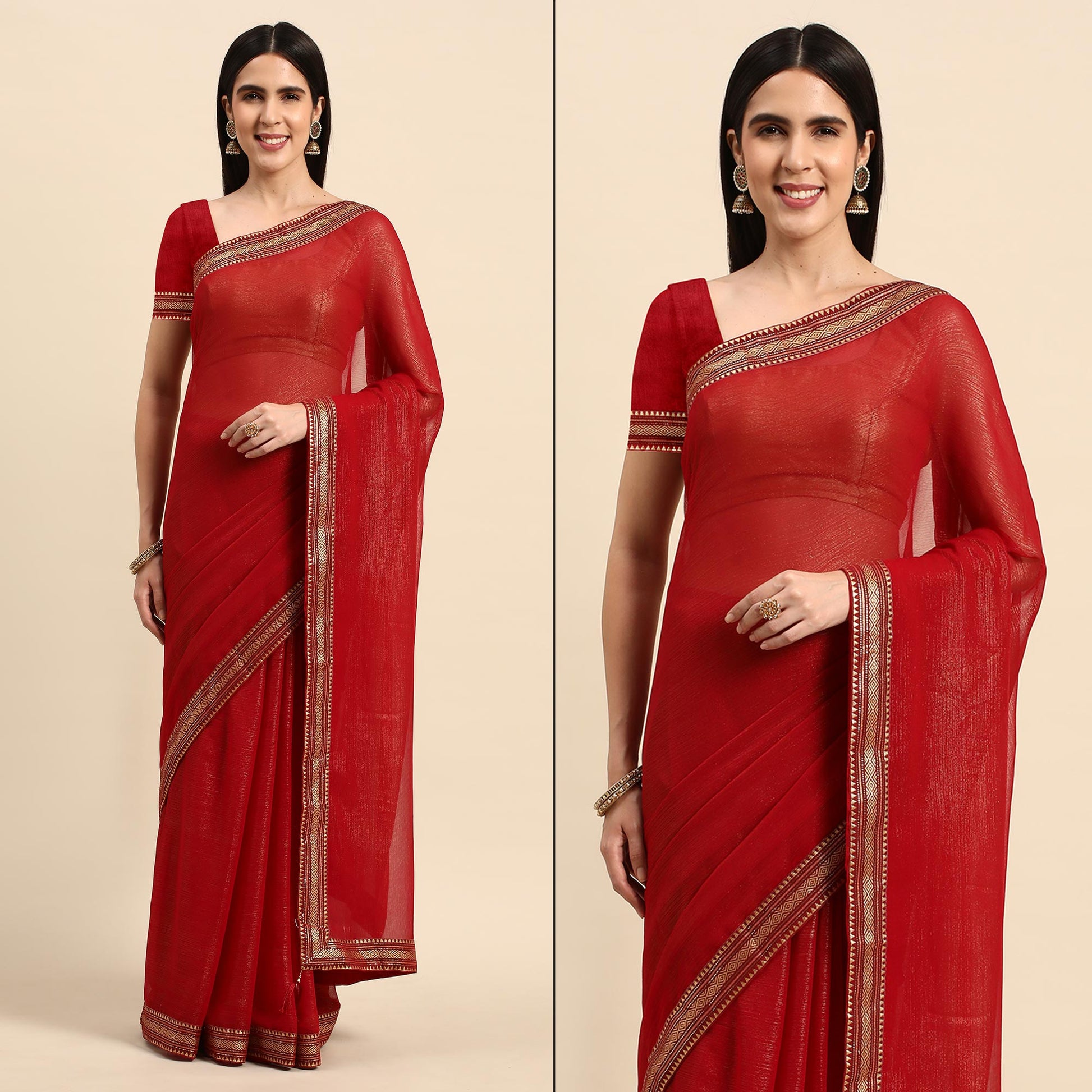 Maroon Solid With Woven Border Chiffon Saree With Tassels