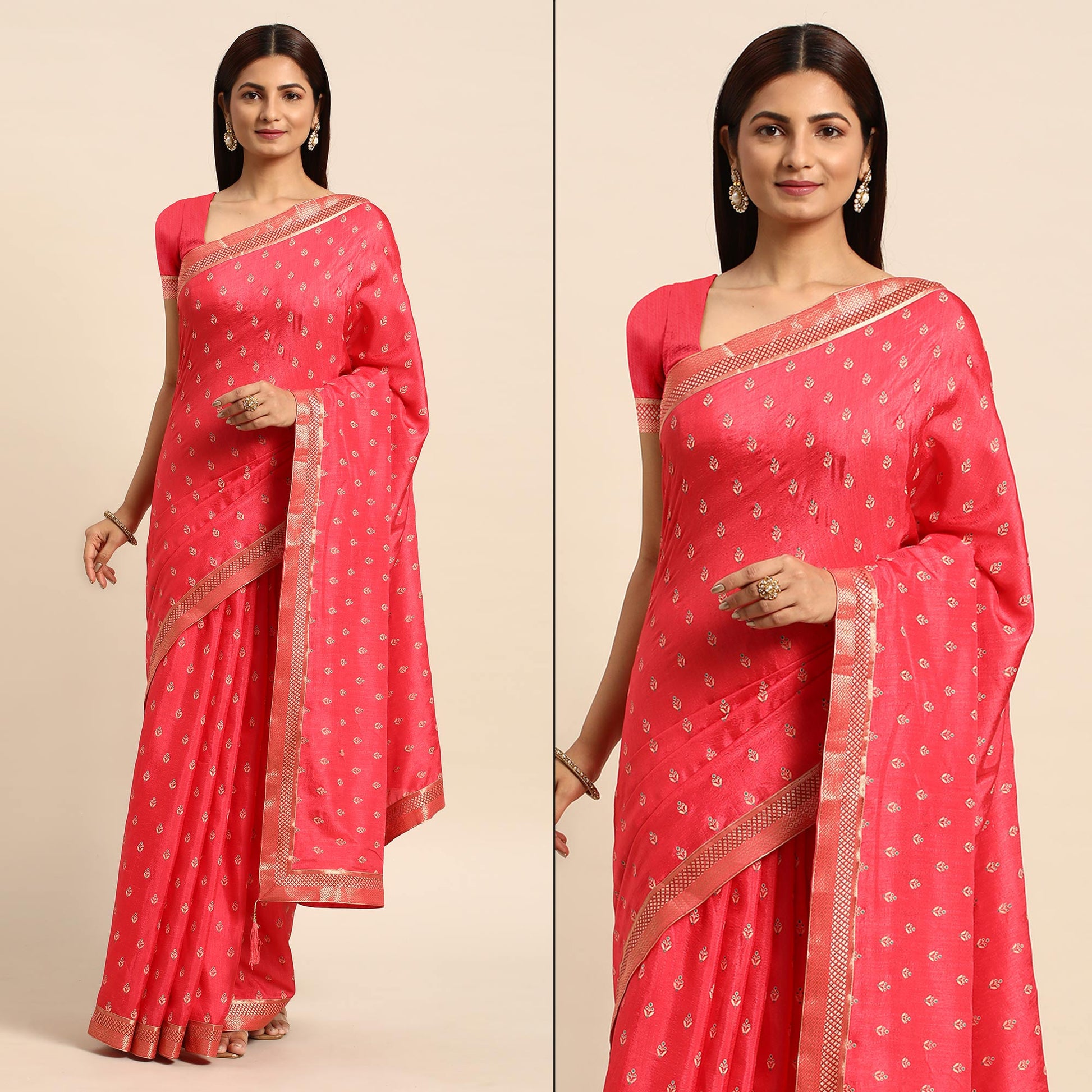 Gajri Pink Floral Printed Vichitra Silk Saree With Tassels