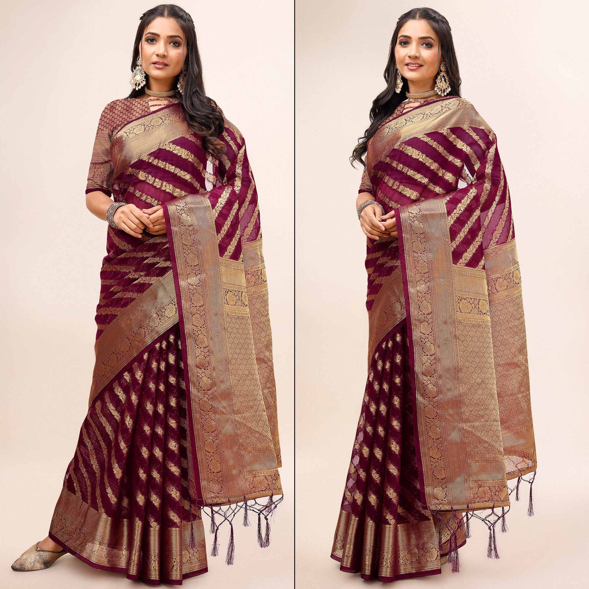 Maroon Woven Organza Saree With Tassels