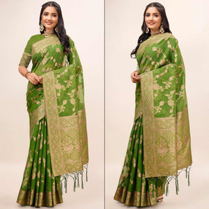 Mehendi Green Woven Organza Saree With Tassels
