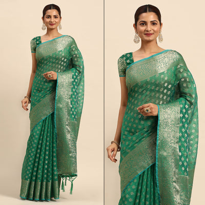 green-woven-organza-silk-saree-with-tassels