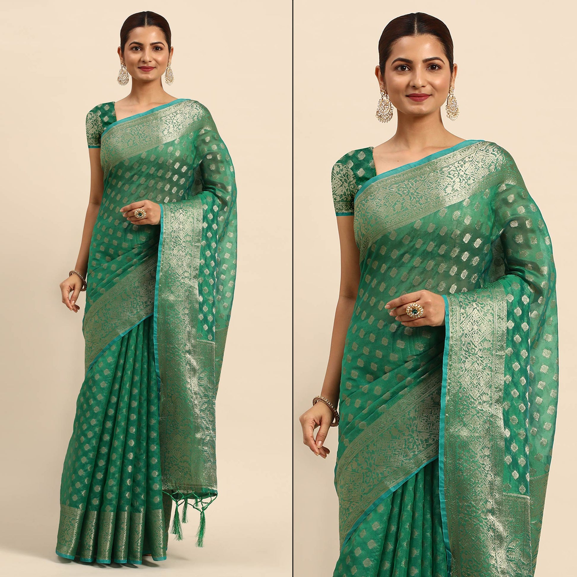 green-woven-organza-silk-saree-with-tassels