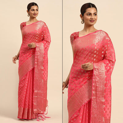 Gajari Pink Woven Organza Silk Saree With Tassels