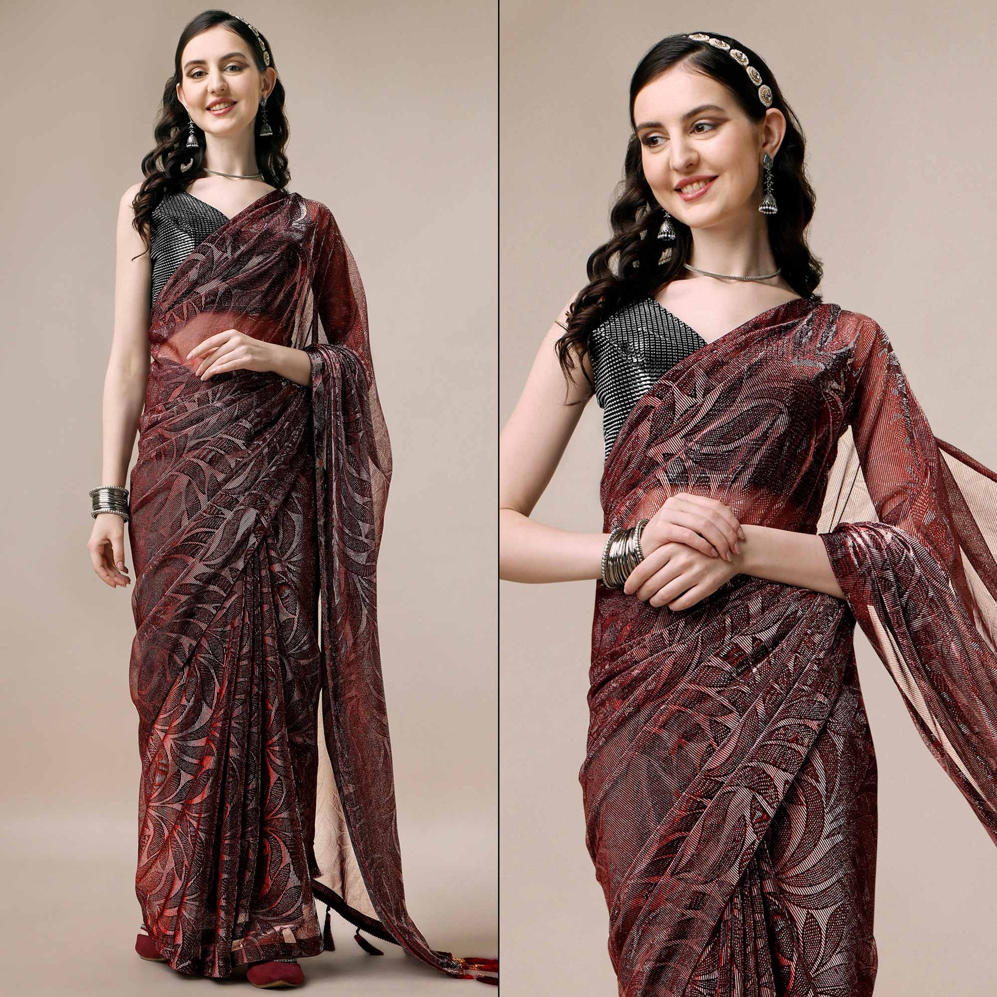 Maroon Floral Printed Rayon Saree