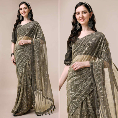 Mehendi Green Floral Printed Rayon Saree