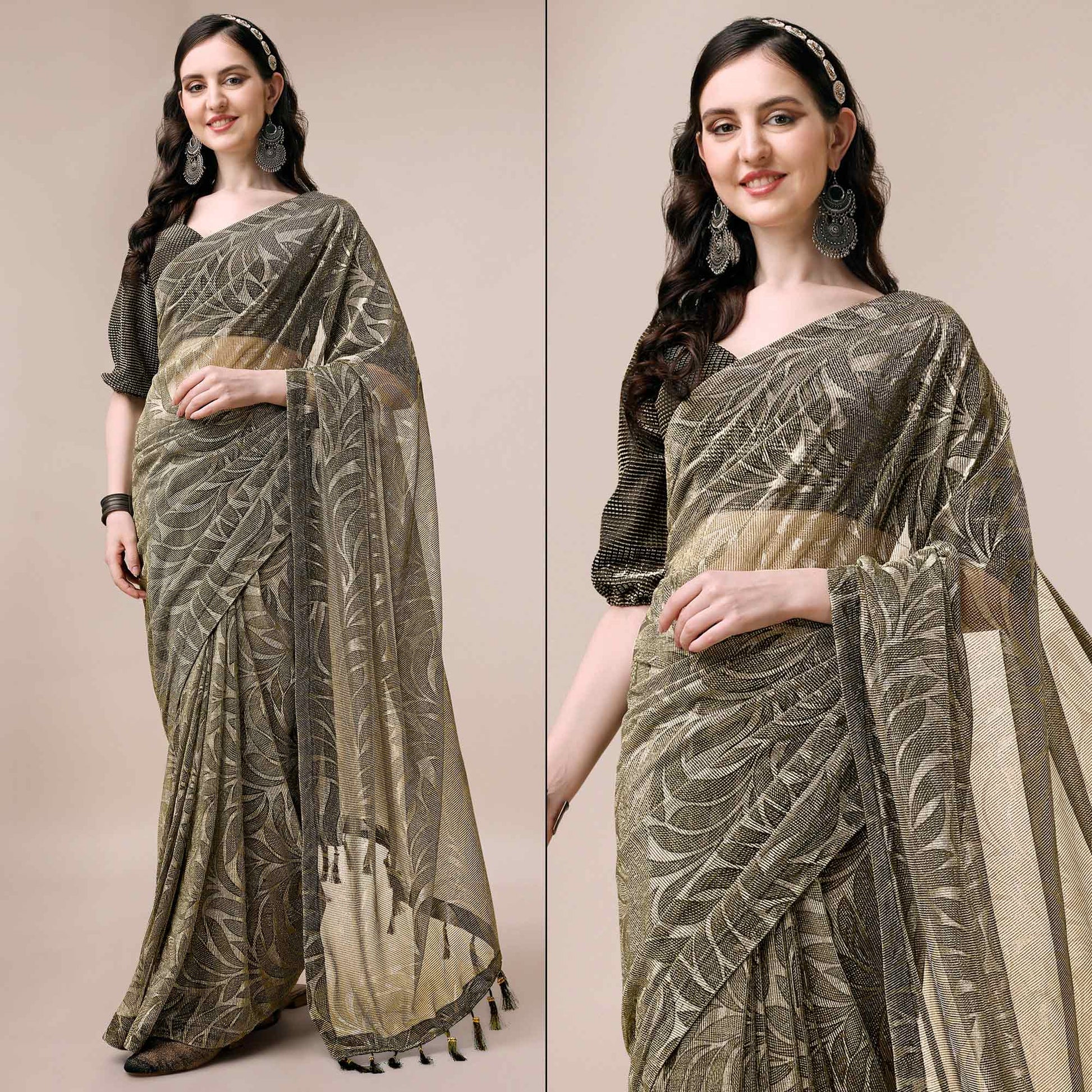 Mehendi Green Floral Printed Rayon Saree
