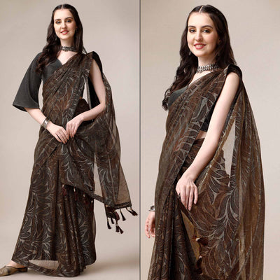 Brown Floral Printed Rayon Saree