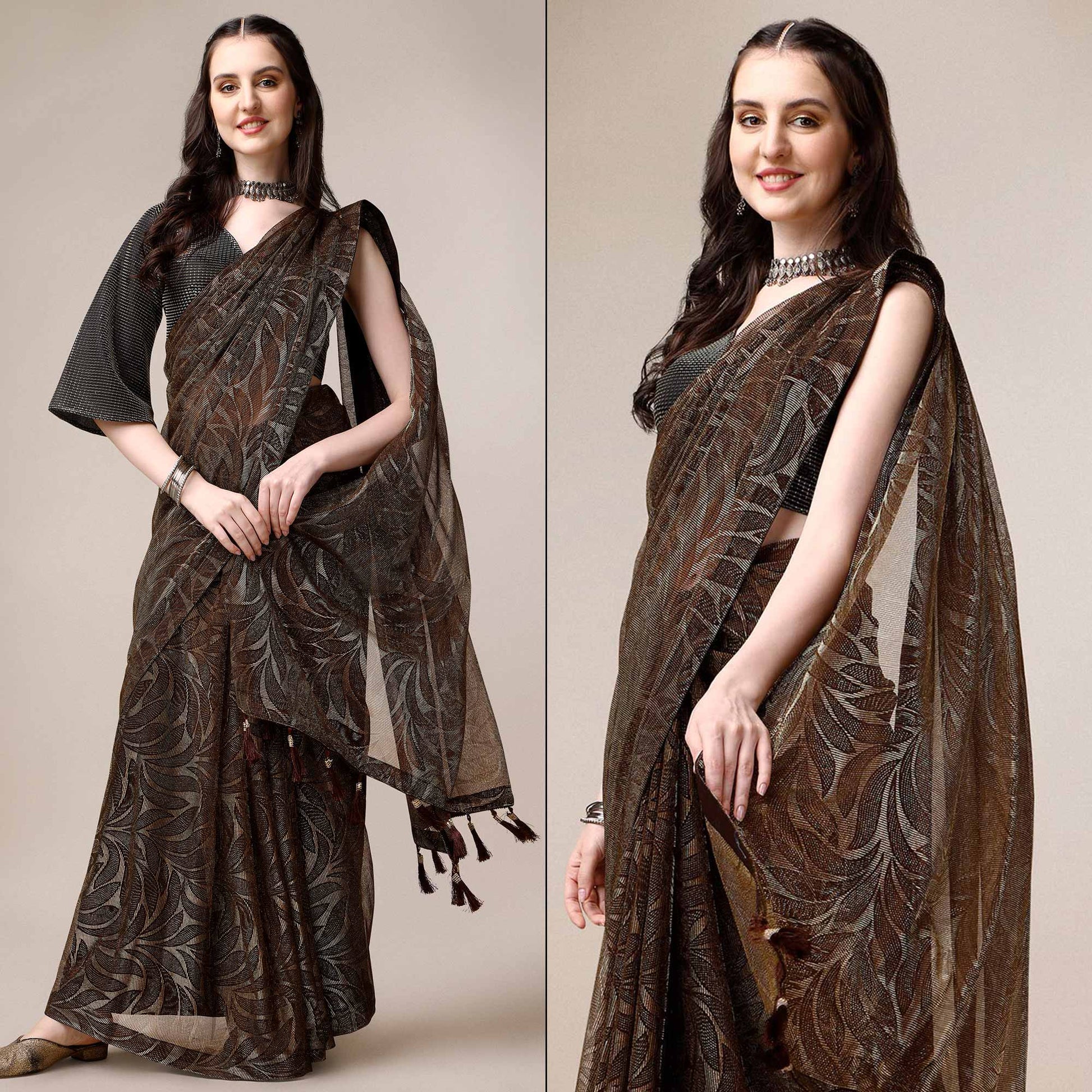 Brown Floral Printed Rayon Saree