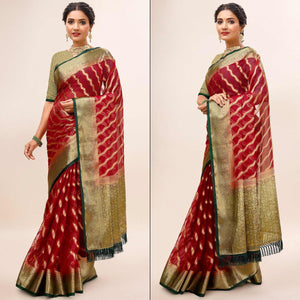 Maroon Woven Organza Saree With Tassels