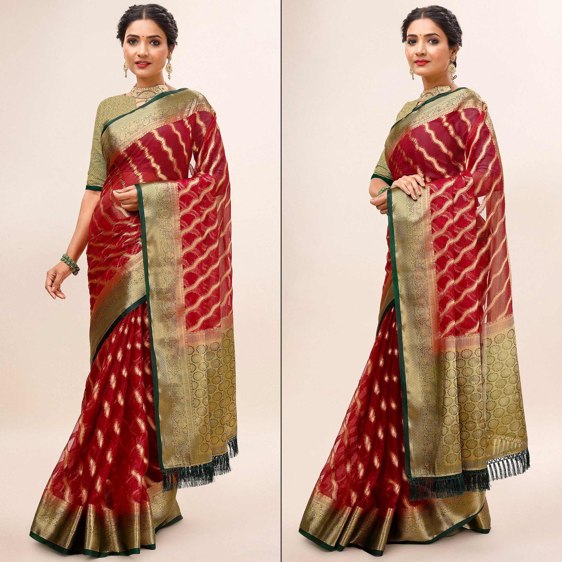 Maroon Woven Organza Saree With Tassels
