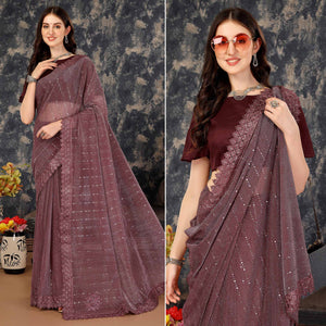 Dark Mauve Tikali With Floral Embroidered Lycra Saree