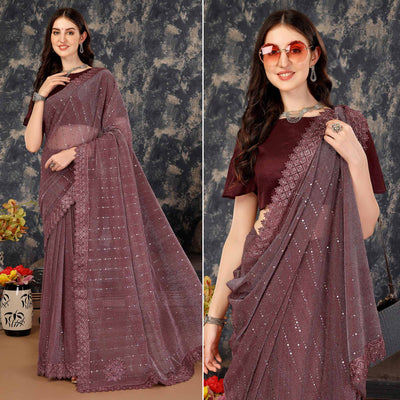 Dark Mauve Tikali With Floral Embroidered Lycra Saree