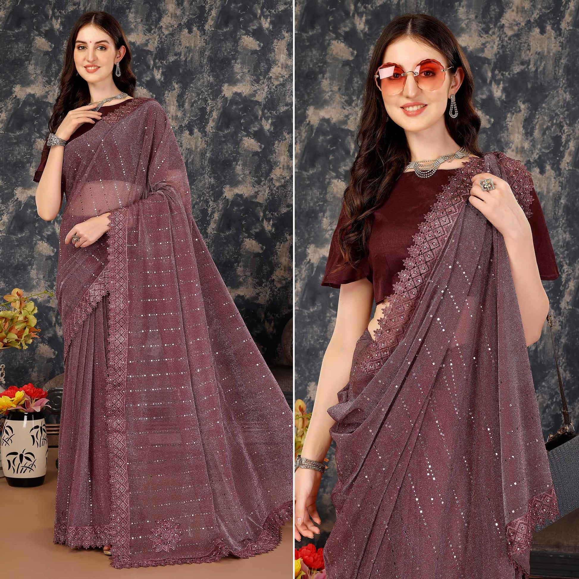 Dark Mauve Tikali With Floral Embroidered Lycra Saree