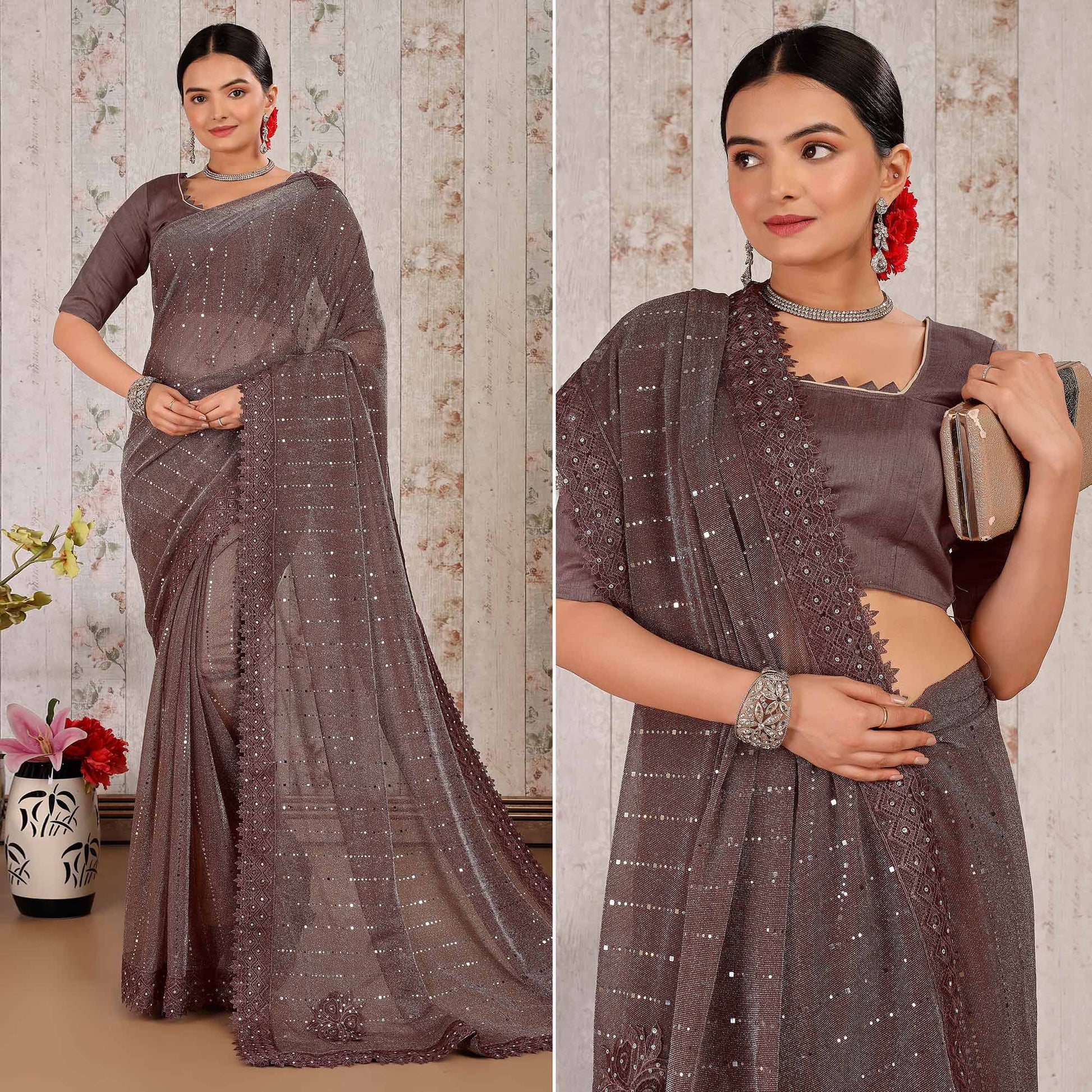 Brown Tikali With Floral Embroidered Lycra Saree