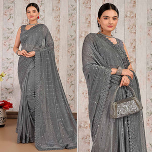 Grey Tikali With Floral Embroidered Lycra Saree