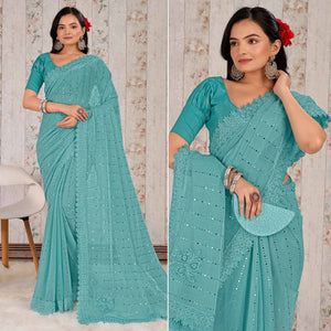 Blue Tikali With Floral Embroidered Lycra Saree