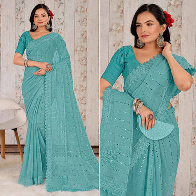 Blue Tikali With Floral Embroidered Lycra Saree