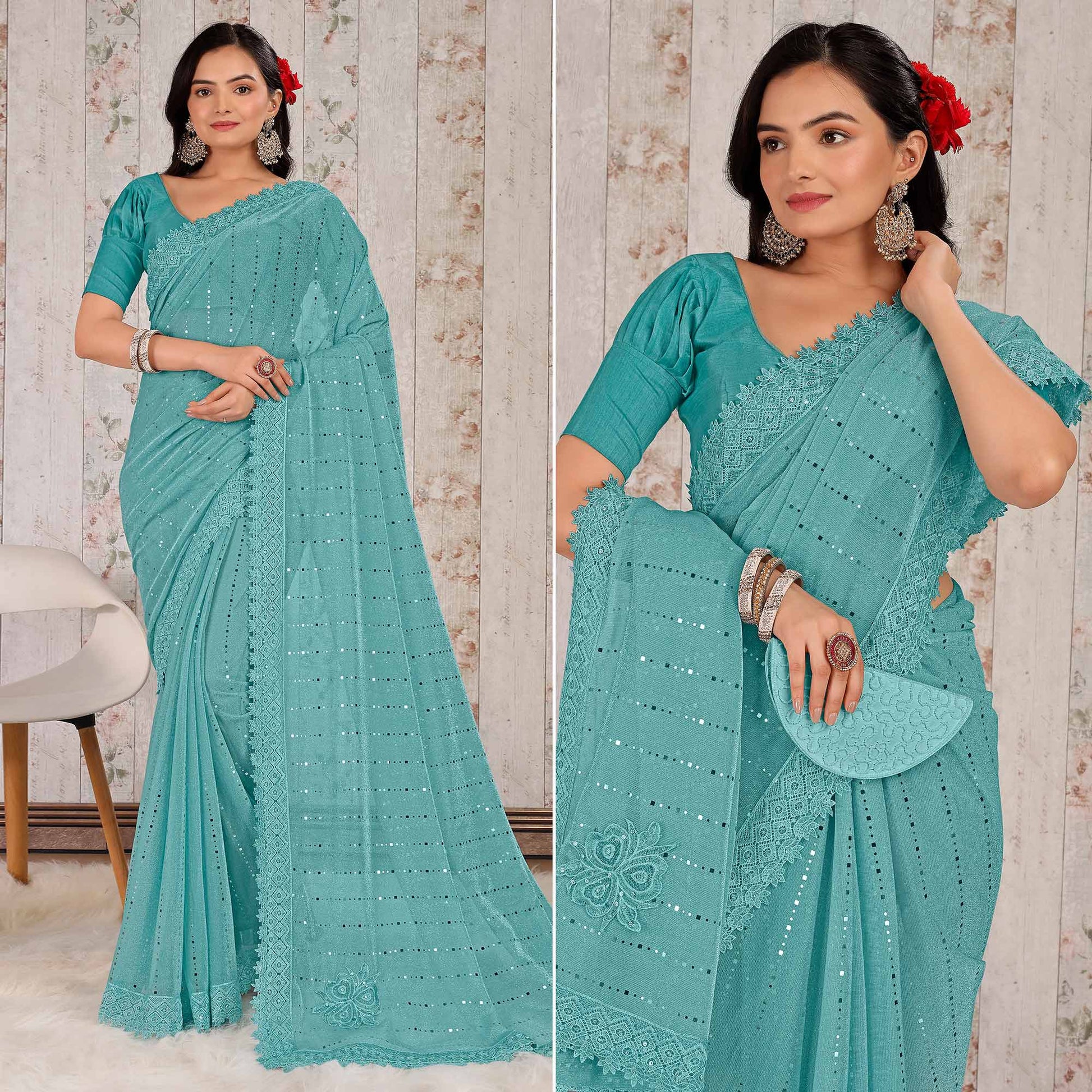 Blue Tikali With Floral Embroidered Lycra Saree