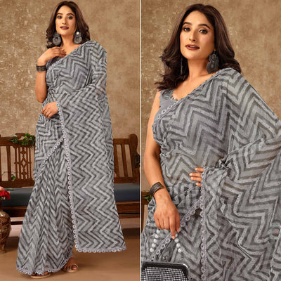 Grey Zig Zag Printed With Stone Work Organza Ready To Wear Saree