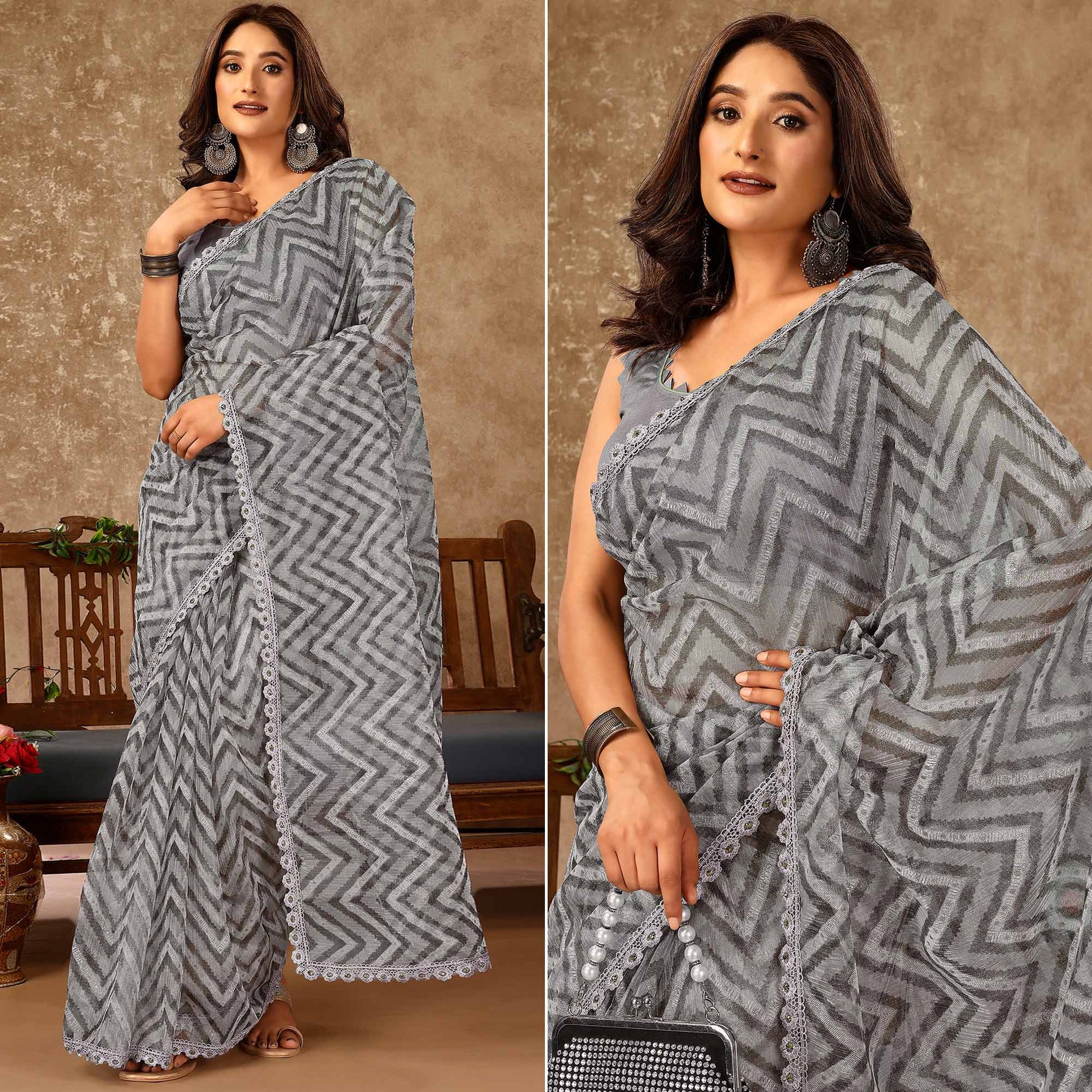 Grey Zig Zag Printed With Stone Work Organza Ready To Wear Saree